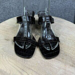 Lauren Ralph Lauren Brown Croc Embossed Leather Heeled‎ Sandals Size Womens 8B